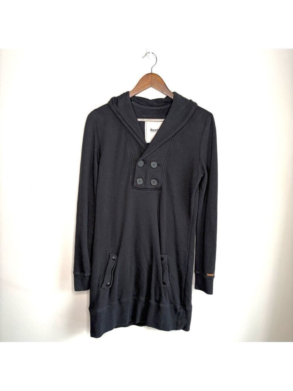 Roots Black Hoodie Dress Button Neck Medium